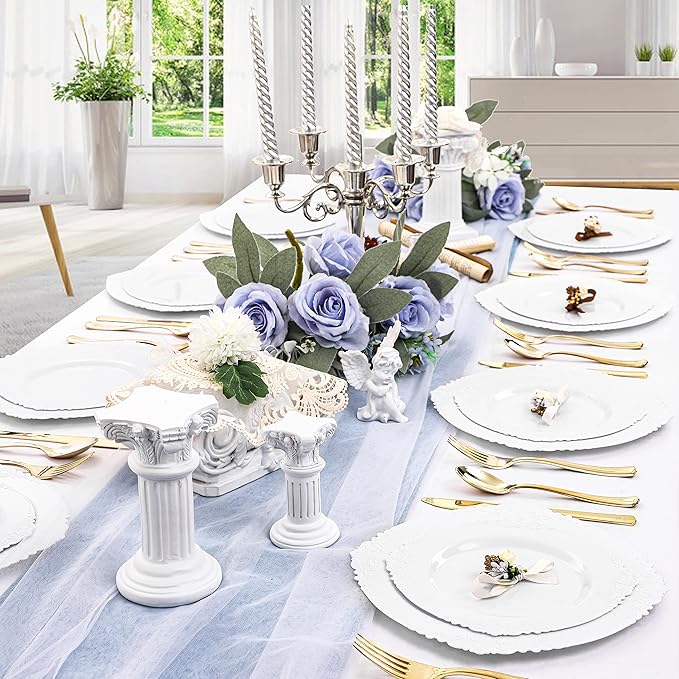 Morejoy 100PCS White Plastic Plates，White Disposable Plates，Include 50 Pieces 10.25 Inch Dinner Plates & 50Pieces 7.5 Inch Dessert Plates,Perfect for Weddings & Party