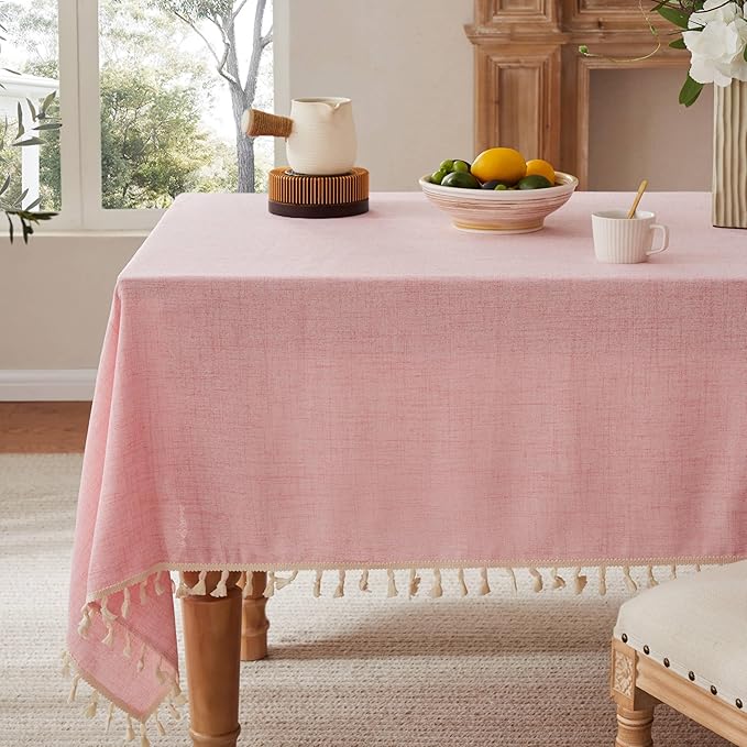 Linen Tablecloth with Tassels, Farmhouse Style Pink Tablecloth, Water Resistant Burlap Tablecloths for Rectangle Table, 52x70 Inch Pink
