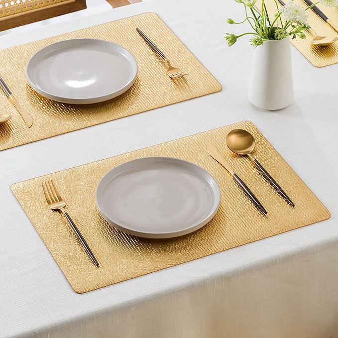 Jovono Faux Leather Placemats Set of 4, Waterproof Washable Table Mats, Easy-Clean Heat Resistant Kitchen Vinyl Place Mat for Dining Table, Wedding, Holidays, Indoor, 17.8"x11.8", Gold