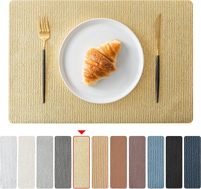 Jovono Faux Leather Placemats Set of 6, Waterproof Washable Table Mats, Easy-Clean Heat Resistant Kitchen Vinyl Place Mat for Dining Table, Wedding, Holidays, Indoor, 17.8"x11.8", Gold