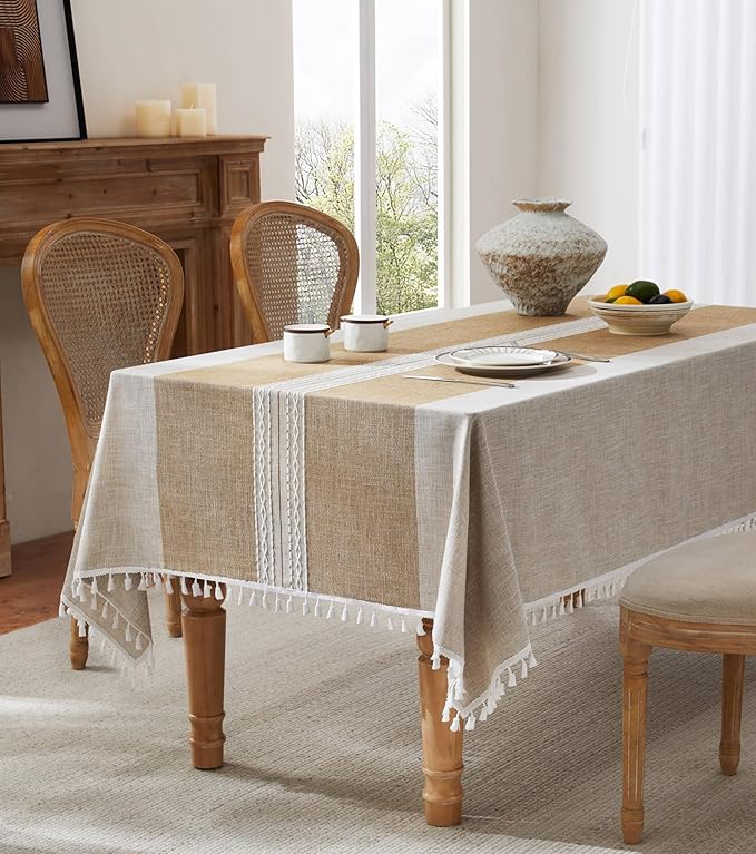 ZeeMart Contrast Linen Table Cloth Square Table Cloths 60x60 Inch Mid-Stripe Brown, Farmhouse Style Heavy Weight Beige Tablecloth, Water Resistant Burlap Tablecloths