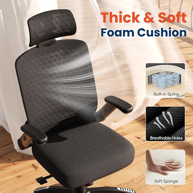 GABRYLLY Ergonomic Office Chair, High Back Home Desk Chair with Flip-Up Arms, 3D Headrest, Thick Sponge Sea &90-120° Recline, Big and Tall Mesh Executive Chairs for Man Woman, Black Woodgrain