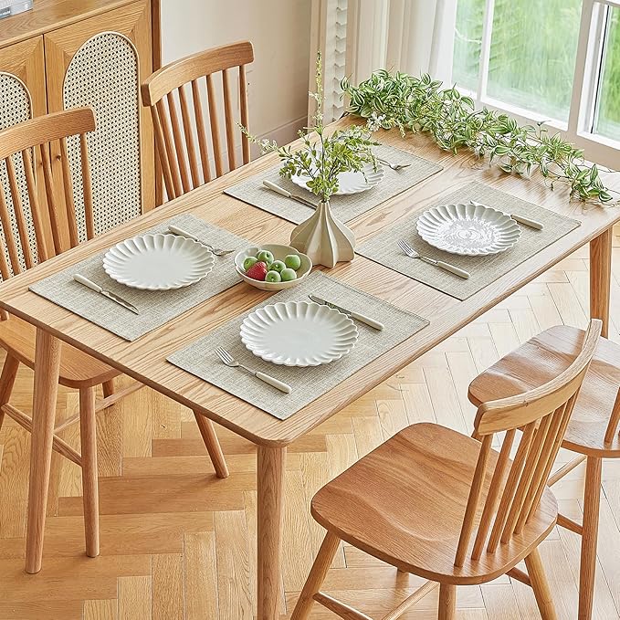 Softalker Faux Linen Placemats Set of 6-12 x 18 Inch, Heat Resistant Double Layered Durable Burlap Farmhouse Place Mats, Non-Slip Washable Rustic Table Mats for Dining, Kitchen, Party（Beige