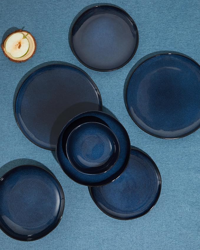32 Piece Starry Blue Dinnerware Set with Pasta Bowls, Coastal Reactive Glaze Stoneware for 8 | Complete Serving Set for Holiday Meals, Multi‑Dish Hosting & Family Celebrations