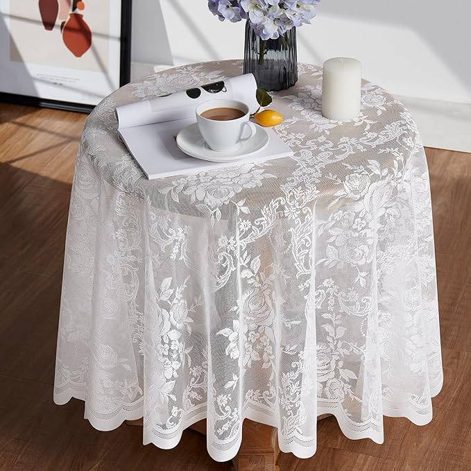 Warm Home Designs 120 Inch Round Tablecloth with English Rose Design. Use as Circle Tablecloth, Rustic or Elegant Lace Table Cloth. Ivory Table Cloth for 10-12 Guests. LTC Ivory 120