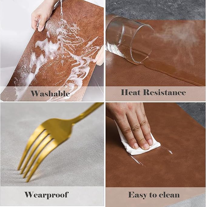 Cowhide Pattern PU Leather Placemats Set of 6 Heat Resistant Kitchen Table Mats, Non-Slip Dining Table Decorations, Double-Sides Waterproof Wipeable Place mats(Camel)