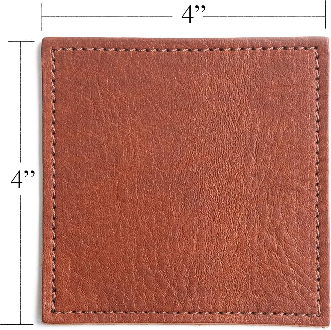 American Made Leather Coasters - Premium Full Grain Leather, Double Layered Square Rustic Brown Coaster Set, 4”x4” - Handmade in The USA - Set of 4