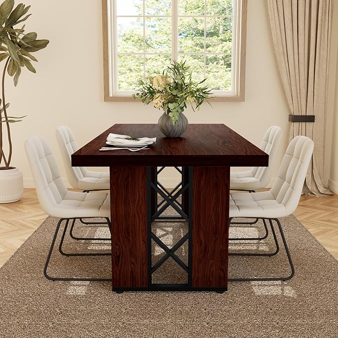 7-Piece Dining Table Set for 6 People, 70.8" MDF Kitchen Table with 6 Upholstered Chairs, Space-Saving for Dining Room, Breakfast Nook(Walnut Table+6 White Chairs