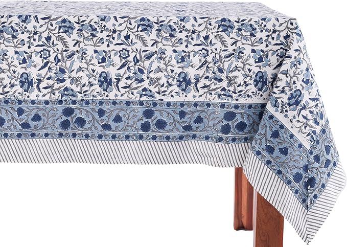 ATOSII Jodhpur Blue 100% Cotton Rectangle Tablecloth, Handblock Floral Linen Table Cloth for Kitchen Dining Table I Parties Wedding Outdoors Holidays I Home Decor 72 X 108 Inches