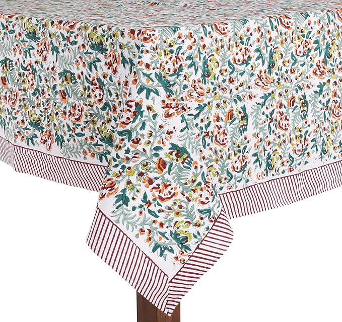 ATOSII Ambrosia Green 100% Cotton Rectangle Fall Tablecloth, Handblock Floral Print Linen Table Cloth for Kitchen Dining I Parties, Outdoors, Christmas, Thanksgiving I 72 X 140 Inches I 12 Seater