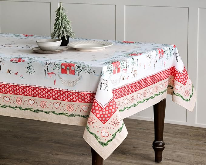 Maison d' Hermine Table Cloth Square Table 100% Cotton 60 x 60 Inches Fall Tablecloth Reusable Everyday Use for Thanksgiving Christmas Decorations Dining Farmhouse Party (Rural Christmas)