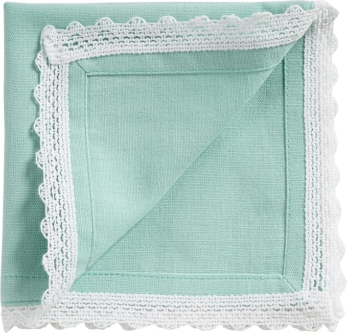 Fingercraft Dinner Cloth Napkin Cotton Linen Set of 12 Mitered Corners with Natural Elegant Lace for Everyday Use Napkins are Pre Shrunk and Good Absorbency with Lace 20x20 in Aqua