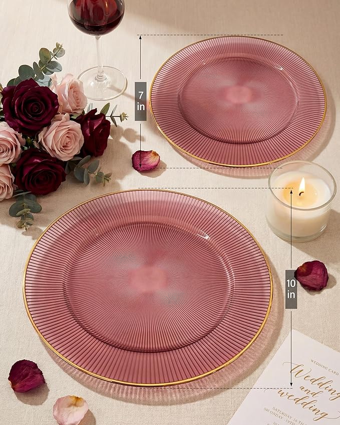 Hioasis 60pcs Burgundy and Gold Plastic Plates - Burgundy Disposable Dinnerware Set, 30pcs Dinner 10.25in & 30pcs Dessert 7.5in Plates with Striped Designs for Party & Wedding