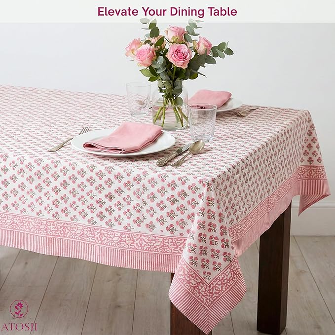 ATOSII Gulbahar White Pink 100% Cotton Fall Rectangle Tablecloth, Hand Block Print Washable Table Cover, Christmas Parties Buffet Dining, Weddings, Thanksgiving, Halloween, 60 X 108 Inches 8 Seater