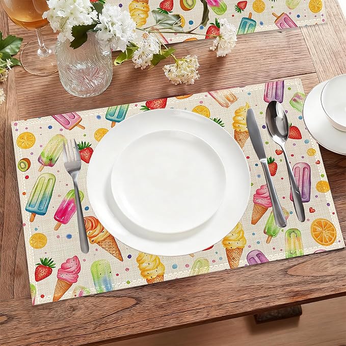 Summer Ice Cream Cloth Placemats,Fruits Popsicle Heat-Resistant Table Placemats Set of 6, Washable Linen Place Mats for Dining Room Table Decor Home Restaurant Cafes Holiday Party 11.8x17.7 Inch