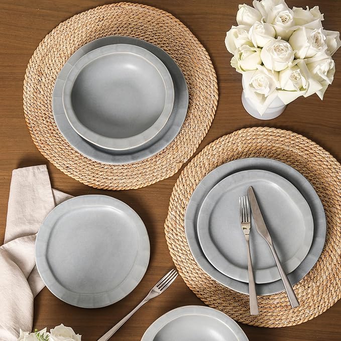 Stone Lain Oasis Stoneware 24 Piece Dinnerware Set, Home Kitchen Dish Set with Dinner Plates, Salad Plates & Bowls - Service for 8, Grey Blue