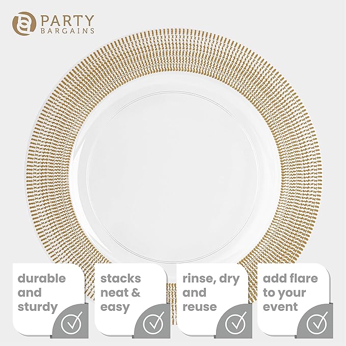 PARTY BARGAINS 13-Inch Charger Plates - 96 Pack, Clear Gold Textured Rim, Heavy-Duty Disposable Chargers for Elegant Dining - Ideal for Weddings and Formal Events