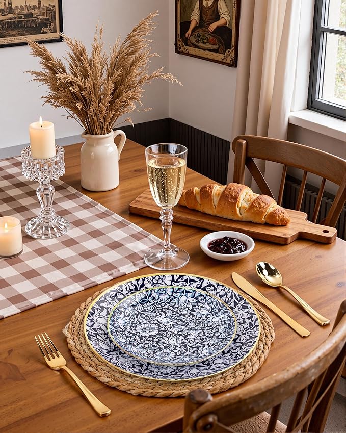 Hioasis 60pcs Plastic Disposable Plates Set - Blue & White Floral Pattern with Gold Rim, 10.25 Dinner & 7.5 Dessert Plates for Wedding,Anniversary,Party and Holiday