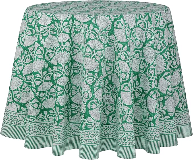 ATOSII Meadow Green 100% Cotton Summer Round Tablecloth, Block Print Table Cloth for Dining, Weddings, Outdoors, Parties I Grand Millenial Farmhouse Coastal Boho Home Decor 60" Inches