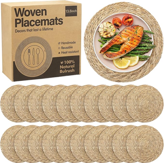 Elcoho 20 Pieces Round Woven Placemats 13.8 Inch Boho Rattan Placemats Farmhouse Braided Place Mats Woven Plate Chargers Rustic Wicker Table Mats for Dining Table