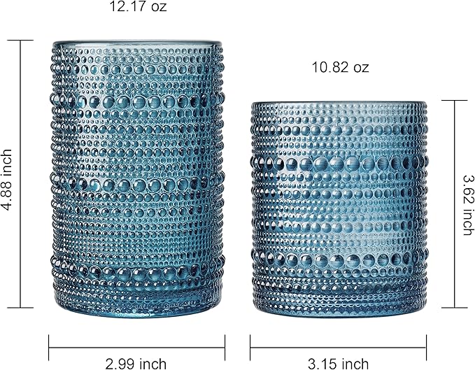 Beaded Hobnail Drinking Glasses Set | Set of 12 | 6x Tumbler 11 OZ + 6x Highball 12 OZ Bubble Design Whiskey Glassware, Old-Fashioned, Embossed Design Glass for Water, Wine, Cocktail HAND WASH ONLY