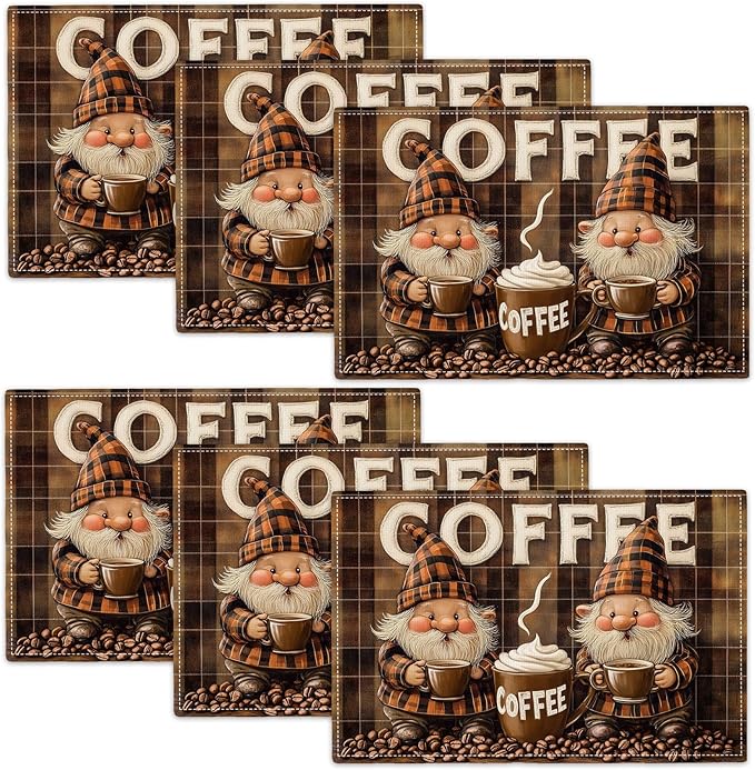 Coffee Gnomes Placemats Set of 6, Cafe Station Table Mats, Washable Place Mats for Coffee Bar Home Party Indoor Kitchen Dining Table Decor 12x18 Inch