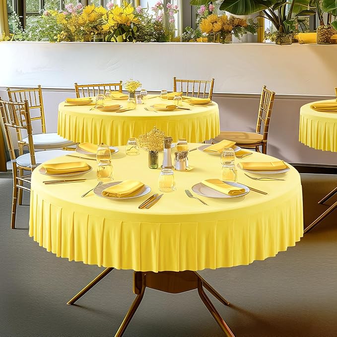 8 Pack Yellow Spandex Round Tablecloths for 72in Table, Stretchy Fitted 6FT Round Table Cloths, Wrinkle Free Table Cover with Skirt for Wedding Birthday Party Bridal Shower Banquet