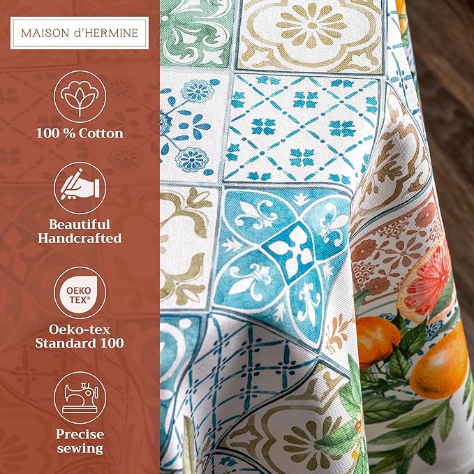 Maison d' Hermine Table Cloth Round Table 100% Cotton 63 Round Inches Tablecloth Reusable Decorative for Dining Room Farmhouse Home Valentines Day Decorations Spring Summer - Agrume
