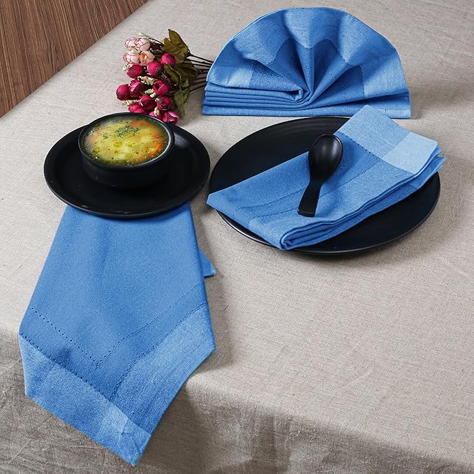 Bedding Craft Cotton Cloth Dinner Napkins Set of 12 – 20x20 Teal Blue Multi Double Hemstitched – Machine Washable Wedding & Party Fabric Table Napkins