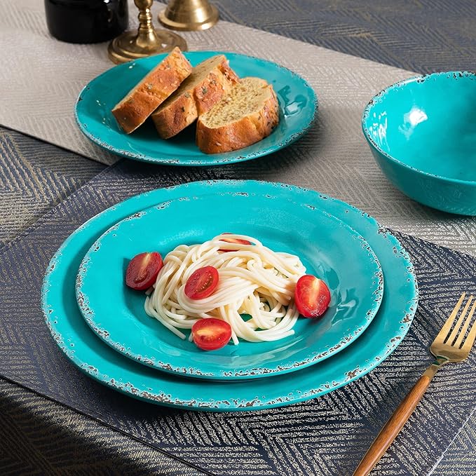 Dinner Plates, 6 Piece Vintage Melamine dinnerware Set, 11-inch Melamine Salad/Dessert Plates, Set of 6, Outdoor Pasta Plates or Shallow Bowl for Patio and Everyday Use, Teal…