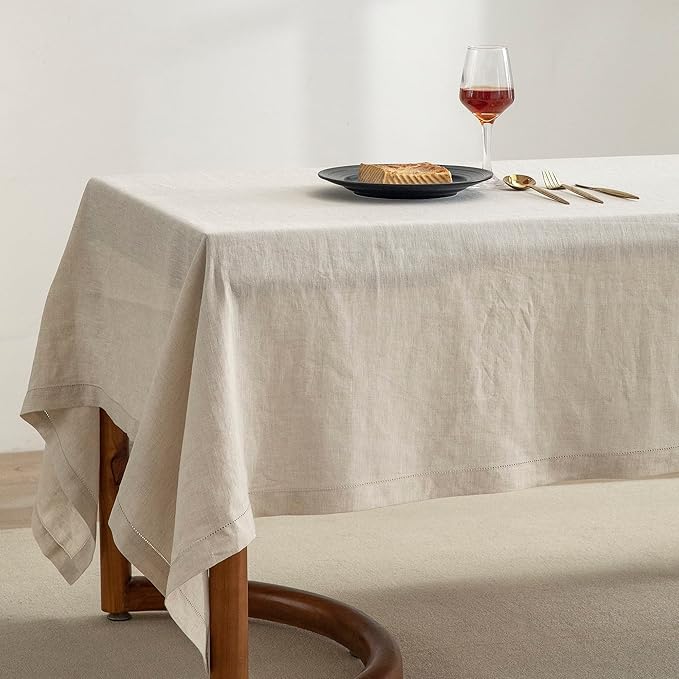 EVERLY Pure Linen Hemstitch Tablecloth,100% Stonewashed French Linen tablecloths for Kitchen Dining Rectangle Tables,60x120Inch Machine Washable Christmas Thanksgiving Organic Tablecloth-Natural Linen
