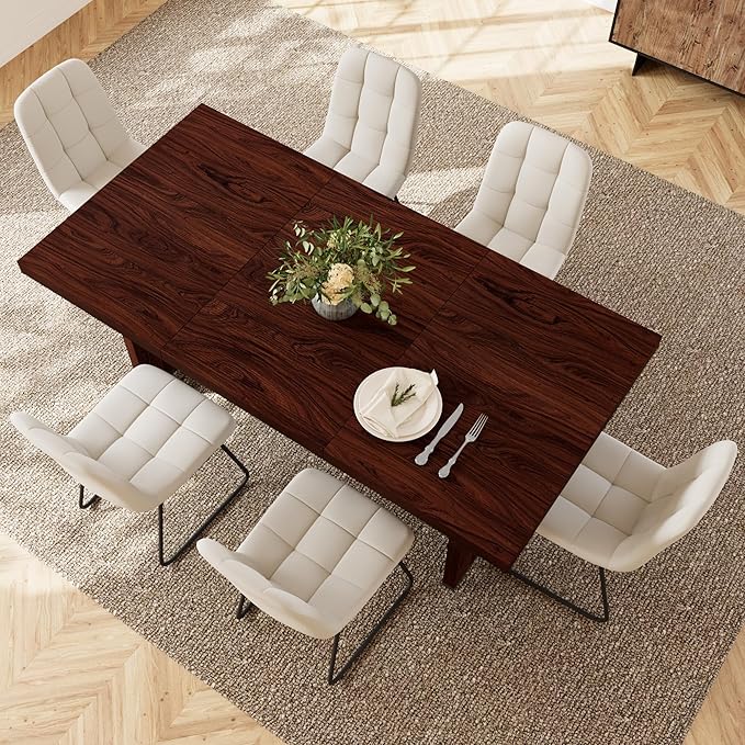 7-Piece Dining Table Set for 6 People, 70.8" MDF Kitchen Table with 6 Upholstered Chairs, Space-Saving for Dining Room, Breakfast Nook(Walnut Table+6 White Chairs