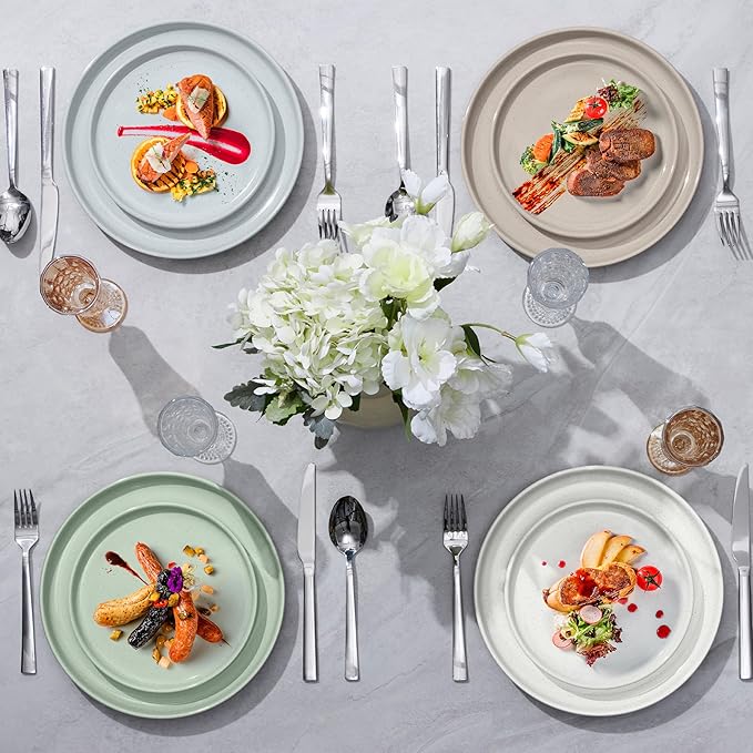 LIANYU Stoneware Dinner Plates Set of 6, 7.75’’ Ceramic Salad Plates for Dessert, Appetizer, Salad, Steak, Pizza, Round Serving Dishes for Kitchen, Microwave, Oven & Dishwasher Safe, Fog Green