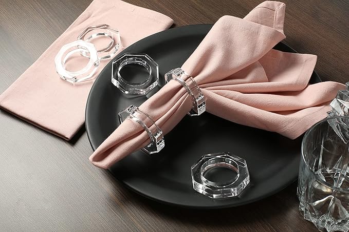 CLEENTABLE Acrylic Napkin Rings Set of 12 - Octagon Transparent Design for Christmas, Thanksgiving, Holiday Table Decor - Durable Crystal Napkin Holders for Dinner Parties & Everyday Use (Opaque)
