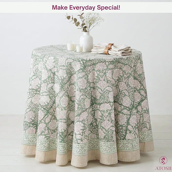 ATOSII Jade 100% Cotton Boho Round Tablecloth, Block Print Floral Table Cloth Linen for Dining, Parties, Weddings, Outdoors I Table Decor 90" Inches I