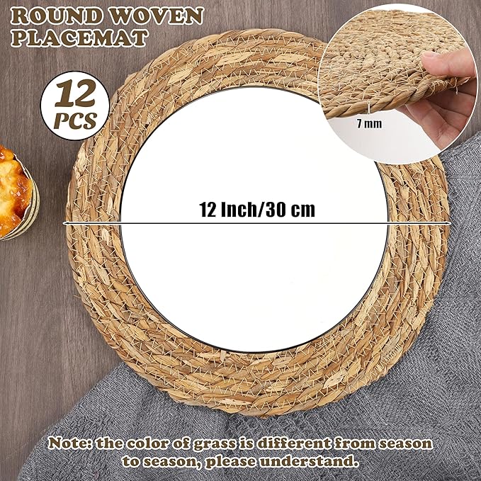 Kochorie Set of 12 Round Woven Placemats 12 Inches Bulrush Placemats Natural Hand-Woven Boho Rattan Placemats Wicker Table Mats Farmhouse Weave Place Mats for Home Dining Table