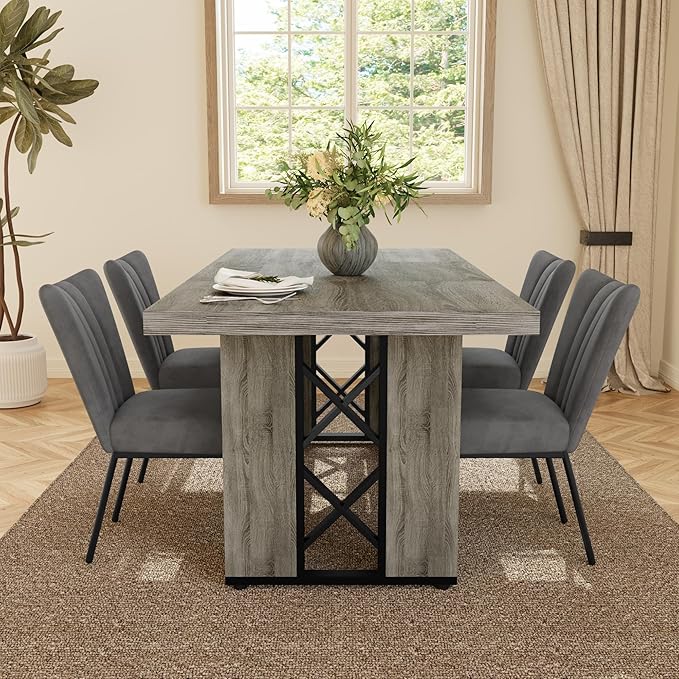 7-Piece Dining Table Set for 6 People, 70.8" MDF Kitchen Table with 6 Velvet Chairs, Space-Saving for Dining Room, Breakfast Nook(Grey Table+6 Grey Chairs)