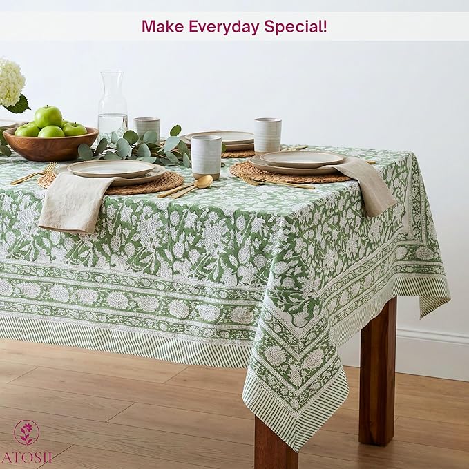 ATOSII Meraki Green 100% Cotton Rectangle Tablecloth, Hand Block Print Washable Table Cover, Dining, Christmas Parties, Outdoors, Weddings, Thanksgiving, Halloween, Fall Decor 60 X 90 Inches, 6 Seater