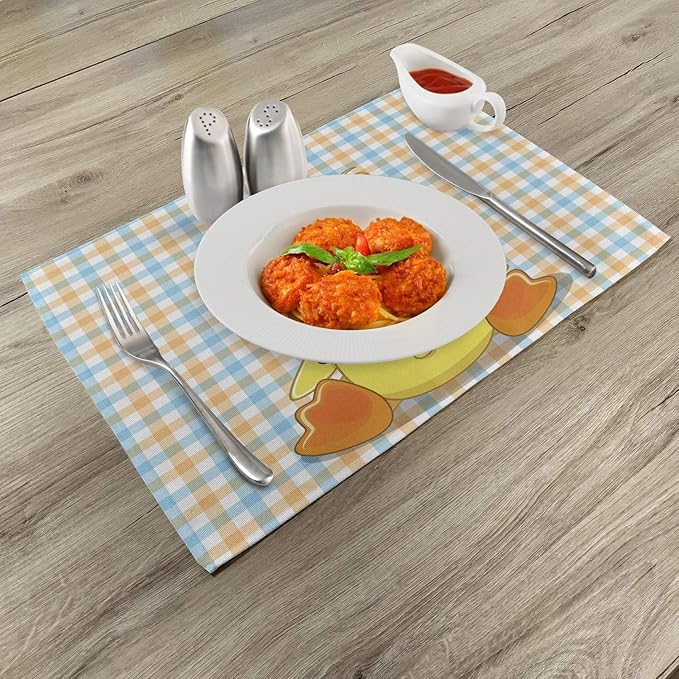 Ambesonne Cartoon Place Mats Set of 4, Hipster Boho Duck Dotted Bow Cool Free Smart Geese Design, Washable Fabric Placemats for Dining Table, Standard Size, Orange Yellow