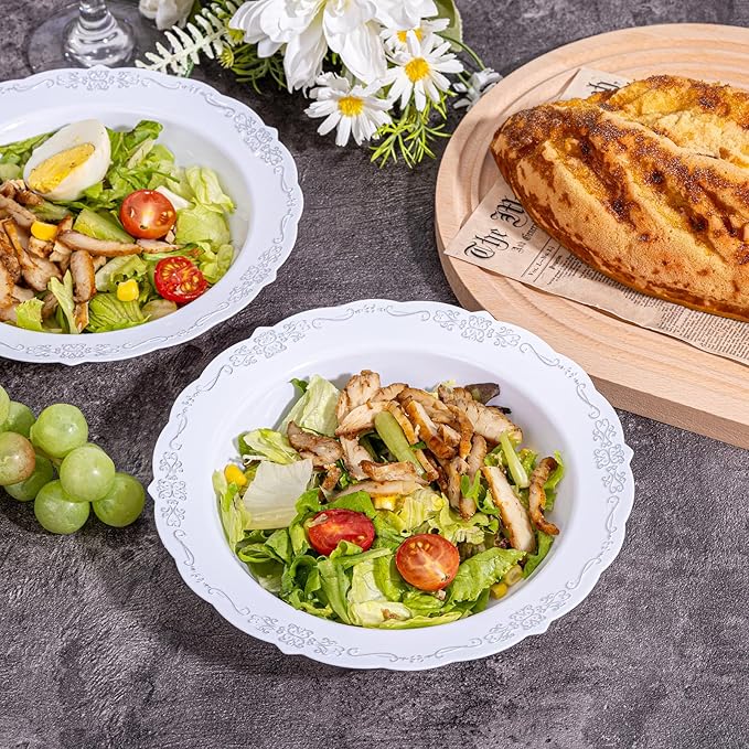 DaYammi 50 Pack Plastic Bowls with Silver Rim, 12oz Disposable Soup Bowls,Silver bowls Disposable Heavy Duty Dinner Bowl for Wedding,Plastic Serving bowls for Parties,Dinners,Catering and Everyday Use