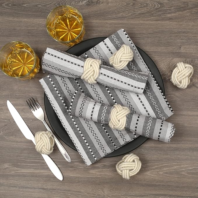 CLEENTABLE Farmhouse Napkin Ring Set of 12 - Handwoven Cotton & Jute Knot Design for Table Decor, Weddings, Dinner Parties & Everyday Dining - Decorative Adornment for Table Setting (Off White)