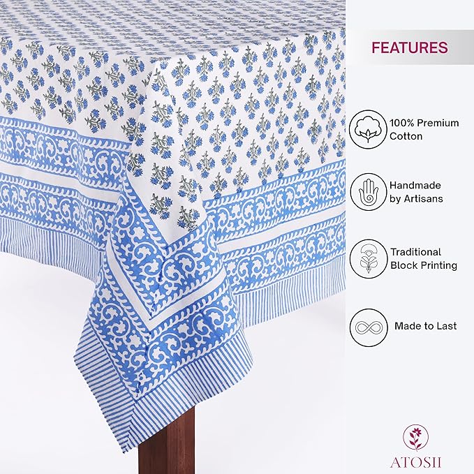 ATOSII Gulbahar Blue 100% Cotton Fall Rectangle Tablecloth, Handblock Print Floral Table Cloth for Kitchen Dining Linen I Thanksgiving Christmas Weddings Outdoors I 72 X 140 Inches I 12 Seater