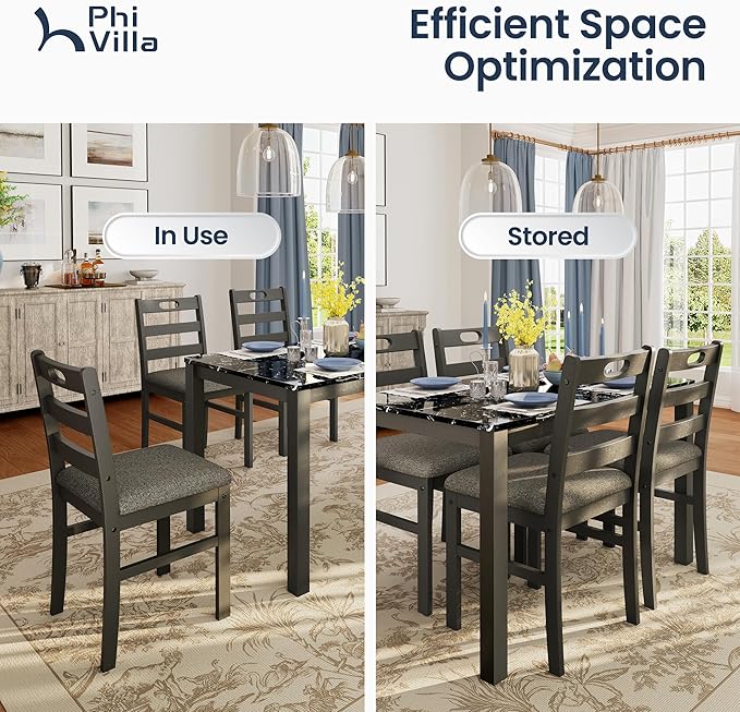 PHI VILLA 5 Piece Dining Table Set for 4, Marble Design Kitchen Table Chairs Set of 4, Solid Wood Space-Saving Dining Room Table Set for Apartment, Veined Black Marble& Gray
