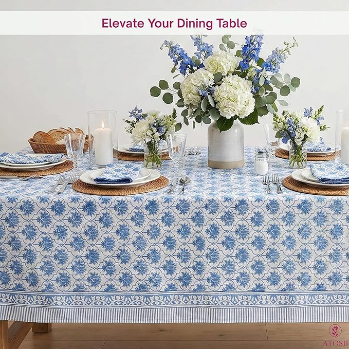ATOSII Padma Blue 100% Cotton Rectangle Summer Tablecloth, Indian Block Print Floral Table Cloth I Dining Parties Weddings Outdoors Holidays 60 X 108 Inches, 8 Seater I Grandmillennial Farmhouse Boho