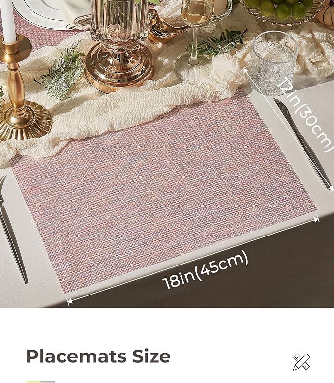 Leetaltree Luxury Pink Iridescent Placemats Set of 6 - Waterproof Washable for Wedding, Anniversary, Festive and Daily Use - Sparkling Table Mats Table Decor - Hand-Cut