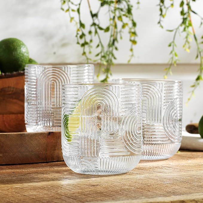 Glaver's Whiskey Glasses 13 oz Rocks Glass Double Old Fashioned Set of 4 DOF Home Bar Thick Glasses Embossed Designed Elegant Clear Modern Vintage Drinking Glassware
