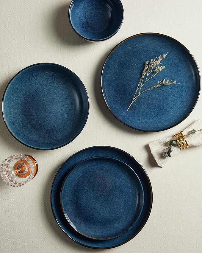 32 Piece Double Bowl Dinnerware Sets with Pasta Bowls, Highly Chip and Crack Resistant Plates and Bowls Sets, Natural Earthyware Ceramic Dishware Sets, Service for 8 Starry Blue