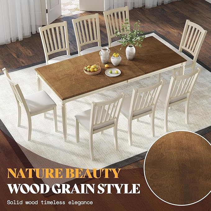 AMERLIFE 9-Piece Farmhouse Solid Wood Dining Table Set with 8 Upholstered Chairs, Roman Conical Legs, Seats up to 8, 79'' Dining Table & Chairs Set for Kitchen and Dining Room, Rustic Cream