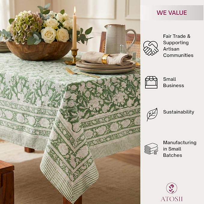 ATOSII Meraki Green 100% Cotton Rectangle Tablecloth, Hand Block Print Washable Table Cover, Dining, Christmas Parties, Outdoors, Weddings, Thanksgiving, Halloween Fall Decor 60 X 108 Inches, 8 Seater