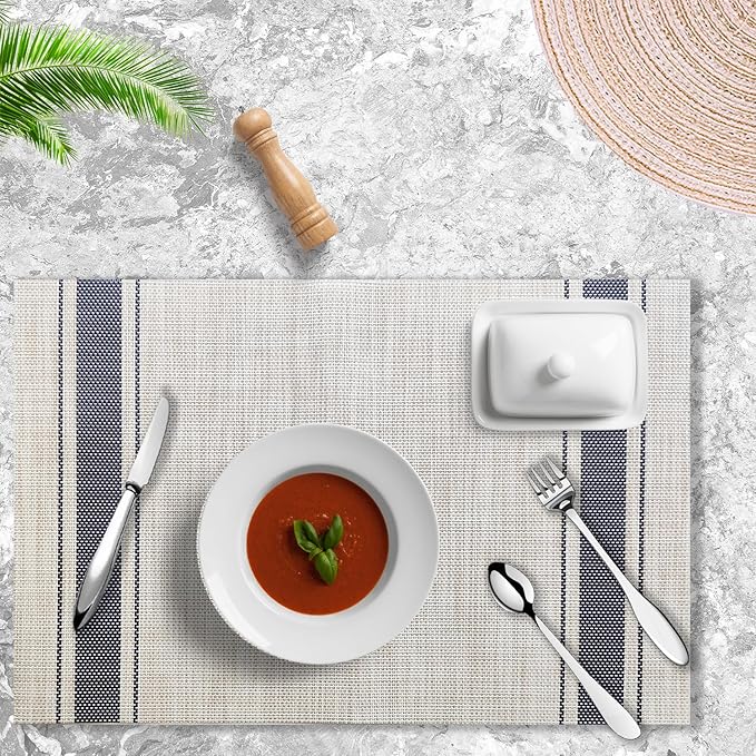 Placemats Set of 4 Vinyl Washable Blue Placemats, 18"x12" Wipeable Heat-Resistant Non-Slip Easy Clean Table Mats Ideal for Dining Table Table Runner and Outdoor (4, Blue Wide Stripe)